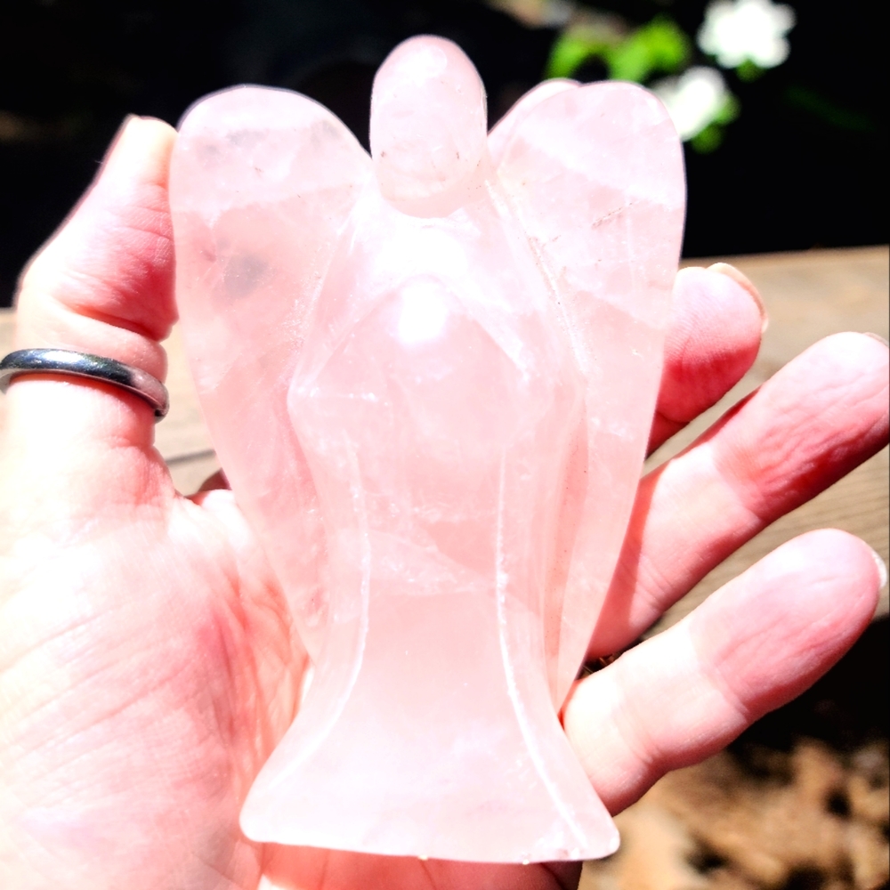 Pink quartz crystal handcarved Angel talisman 4"  NEW beauty